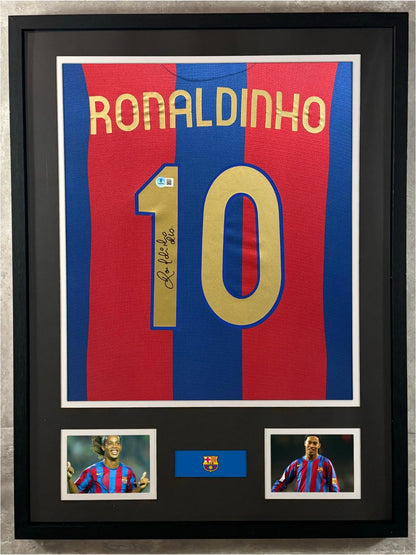 Ronaldinho Gaucho Signed Jersey Framed W/ Beckett BAS COA Barcelona FC Blue Auto