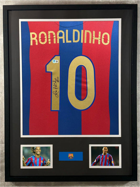 Ronaldinho Gaucho Signed Jersey Framed W/ Beckett BAS COA Barcelona FC Blue Auto