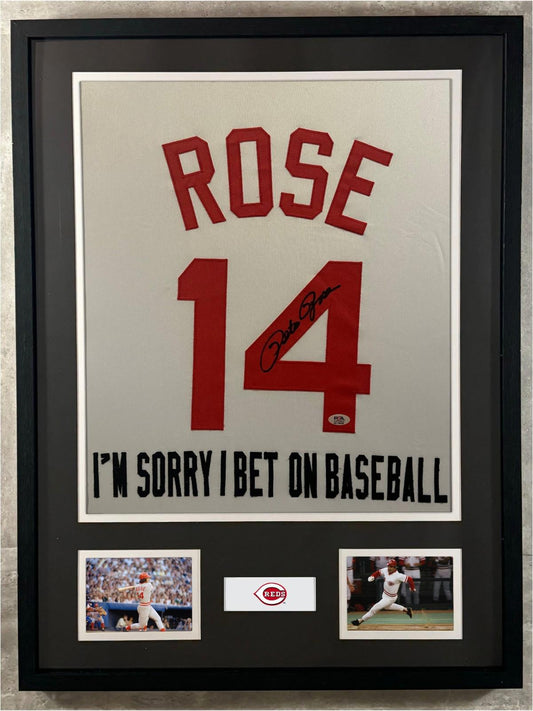 Pete Rose Signed Jersey Framed W/ PSA COA Cincinnati Reds White Auto Display