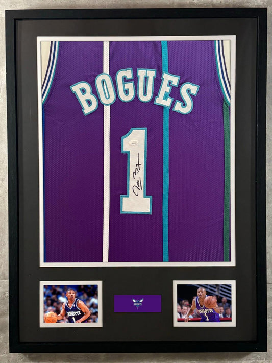 Muggsy Bogues Signed Jersey Framed W/ JSA COA Charlotte Hornets Purple Auto