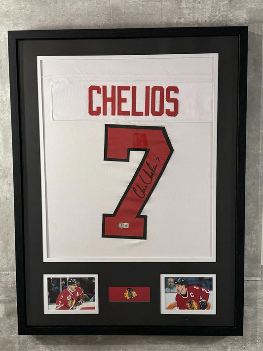 Chris Chelios Signed Jersey Framed W/ Beckett COA Chicago Blackhawks White Auto
