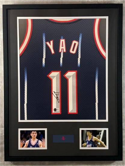 Yao Ming Signed Jersey Framed W/ Beckett BAS COA Houston Rockets Navy Auto