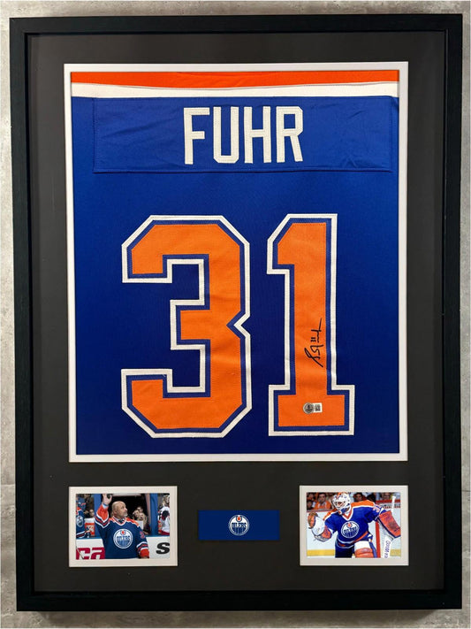 Grant Fuhr Signed Jersey Framed W/ Beckett BAS COA Edmonton Oilers Blue Auto