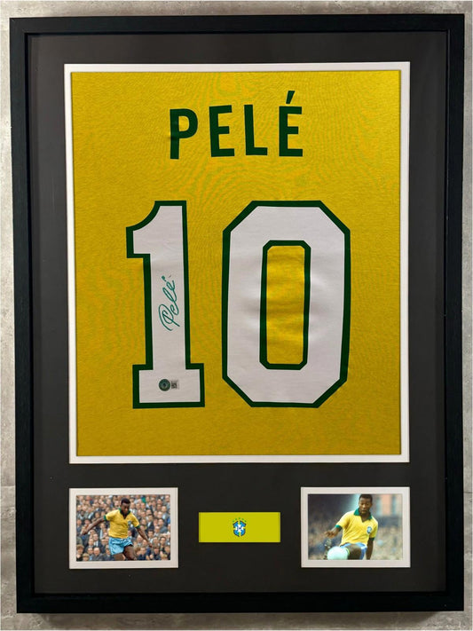 Pele Signed Jersey Framed W/ Beckett BAS COA Brazil Yellow Auto Display