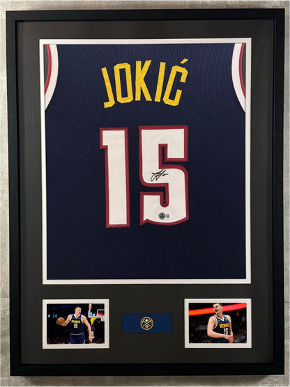 Nikola Jokic Signed Jersey Framed W/ Beckett BAS COA Denver Nuggets Navy Auto