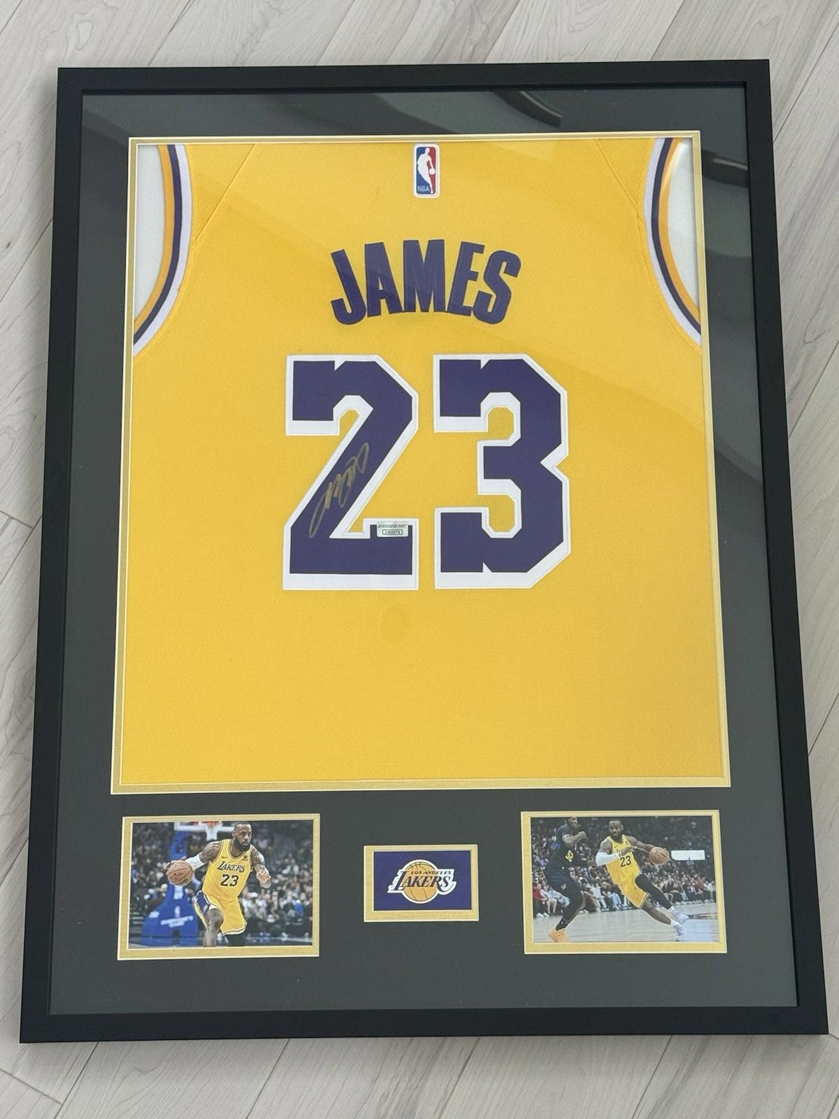 LEBRON JAMES LOS ANGELES LAKERS #23 FRAMED SIGNED GOLD HOME NIKE JERSEY
