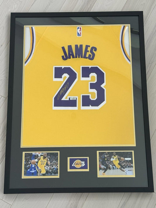 LEBRON JAMES LOS ANGELES LAKERS #23 FRAMED SIGNED GOLD HOME NIKE JERSEY