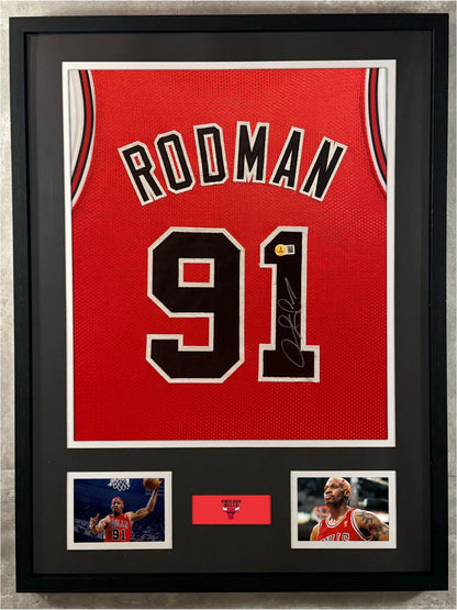Dennis Rodman Signed Jersey Framed W/ Beckett BAS COA Chicago Bulls Red Auto