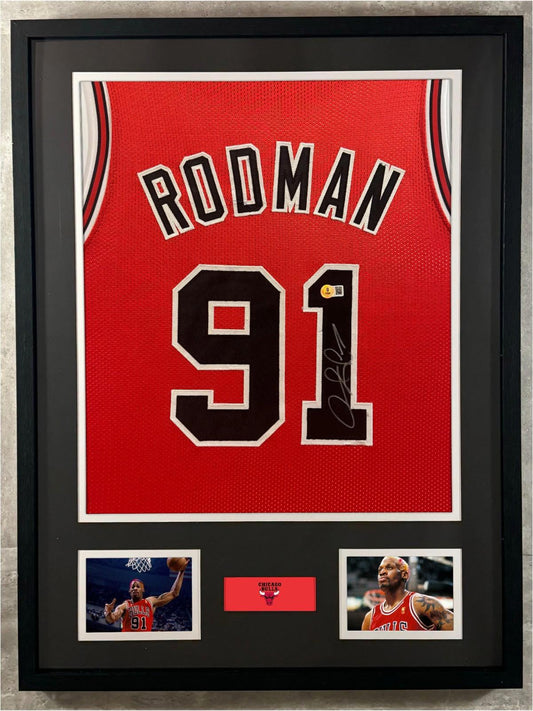 Dennis Rodman Signed Jersey Framed W/ Beckett BAS COA Chicago Bulls Red Auto