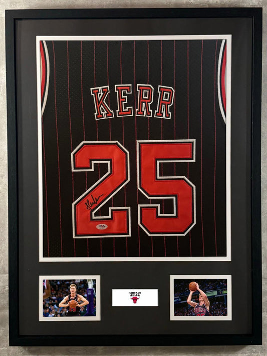 Steve Kerr Signed Jersey Framed W/ PSA COA M&N Chicago Bulls Black Auto Display