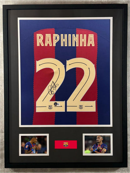 Raphinha Signed Jersey Framed W/ Beckett BAS COA Barcelona FC Blue Auto Display