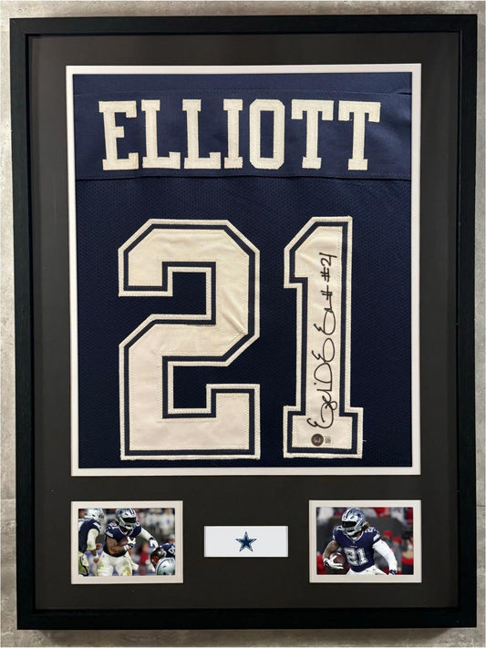 Ezekiel Elliott Signed Jersey Framed W/ Beckett BAS COA Dallas Cowboys Navy Auto
